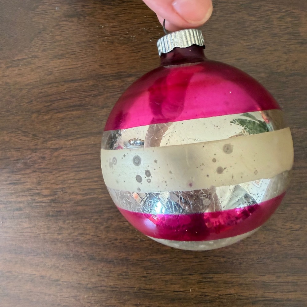 Vintage‎ Shiny Brite Pink Silver Striped Glass Ball Christmas Ornament USA MCM